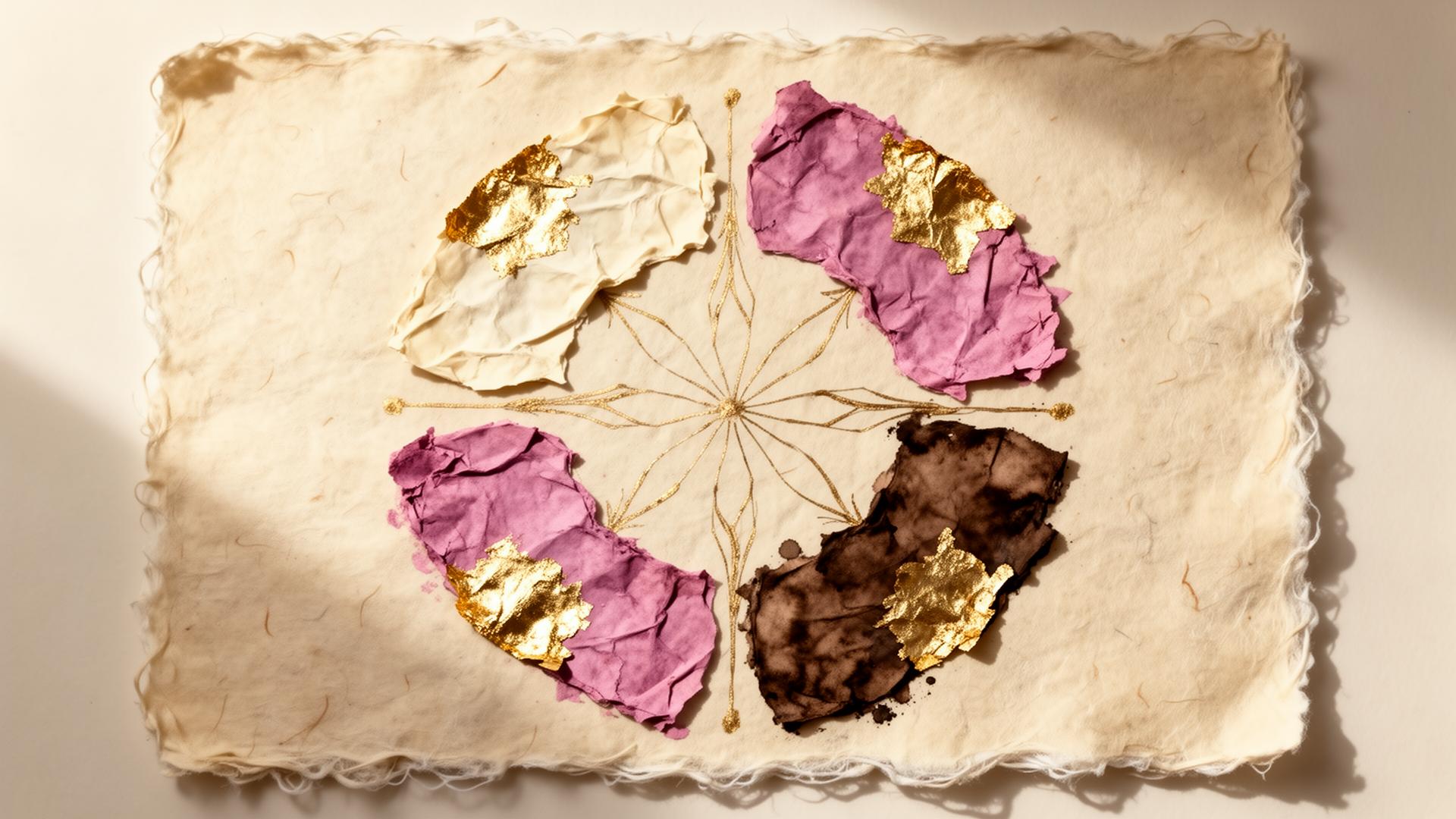 A papier-mâché mandala of four torn-paper arcs — cream, bougainvillea, gold leaf, and cocoa ink — around a still center.